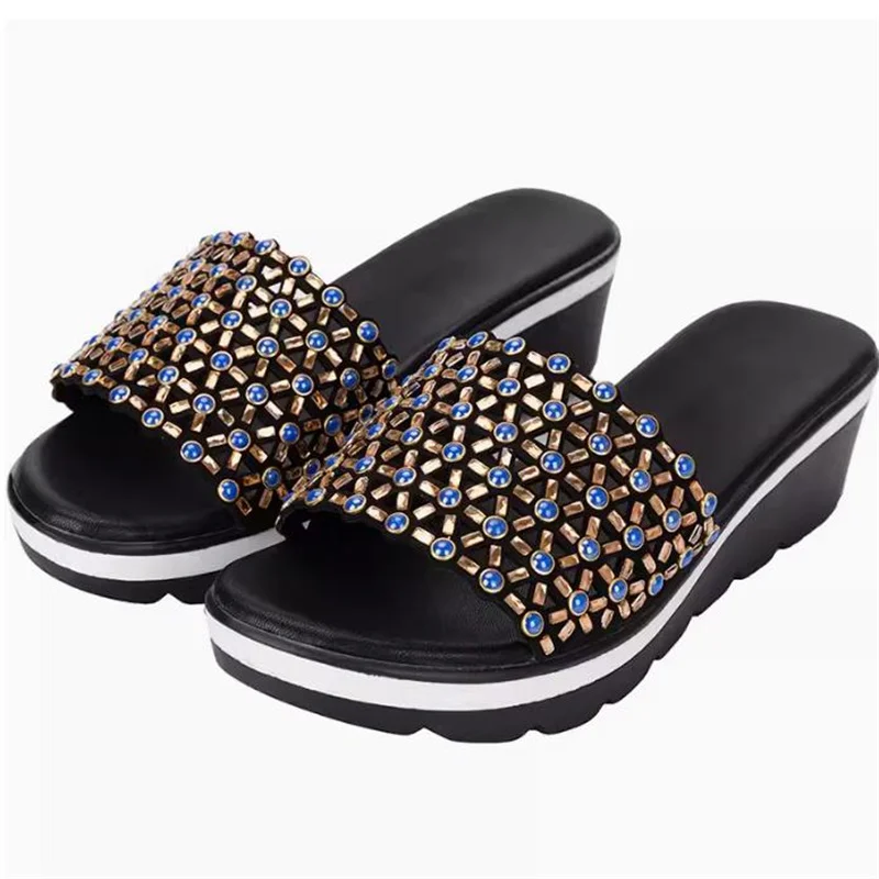 diamond Ladies Summer sandals Genuine Leather Shoes Women High Heels Fashion Wedges Summer slipper size 35--40