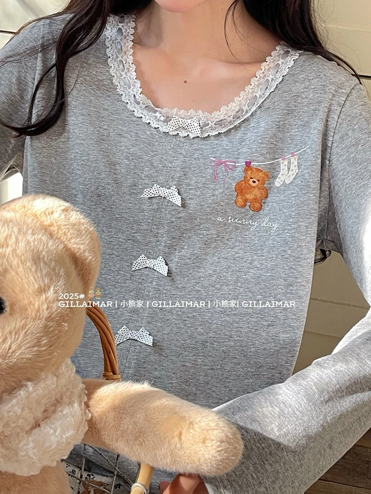 Japanese Ins Cute Girl Round Neck Cartoon Lace Bow Long Sleeve Pajamas Loose Casual Loungewear Set Can Be Worn Outside