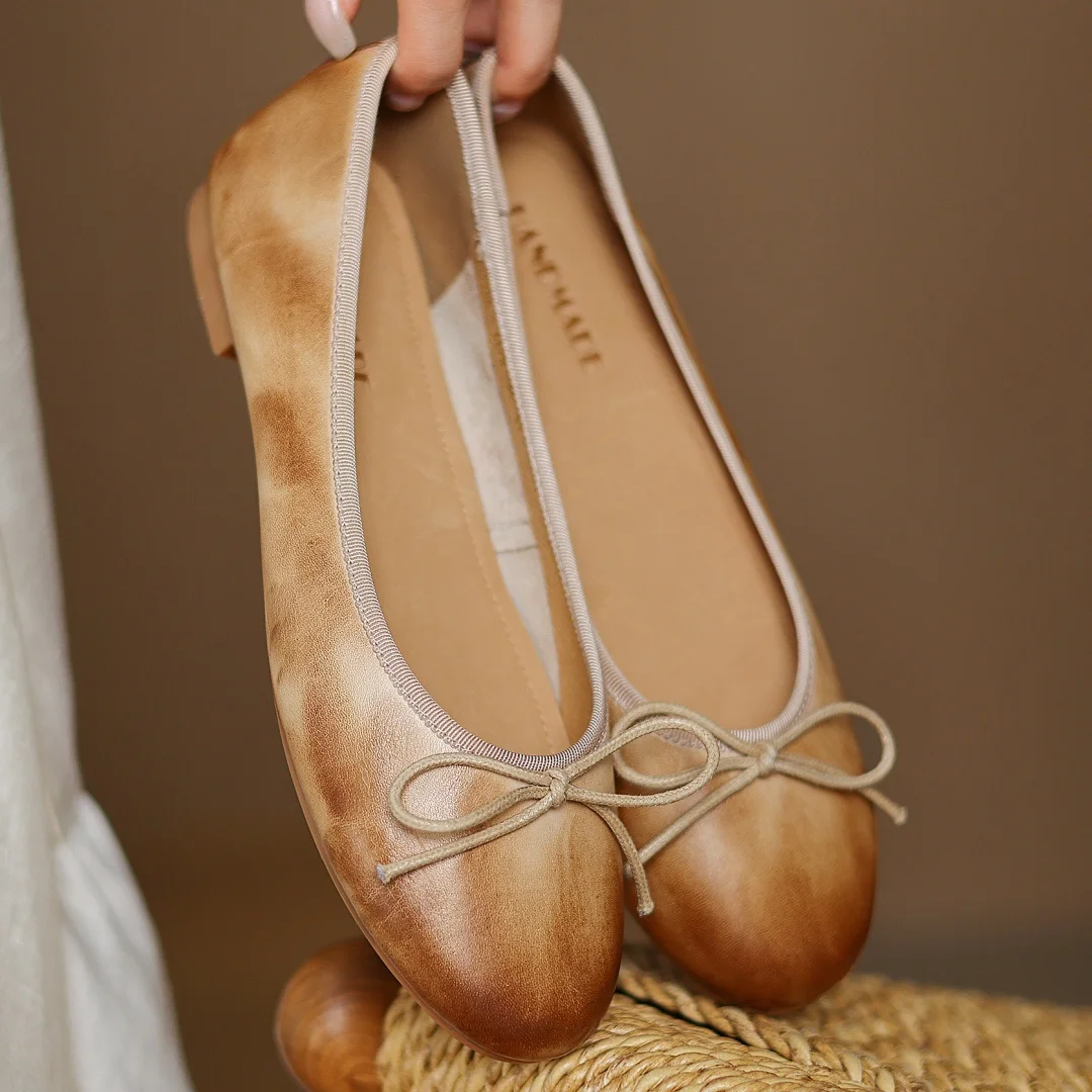 

Женские балетки без шнуровки из коровьей кожи с круглым носком и милым галстуком-бабочкой градиентного цвета, мягкие удобные элегантные женские балетки