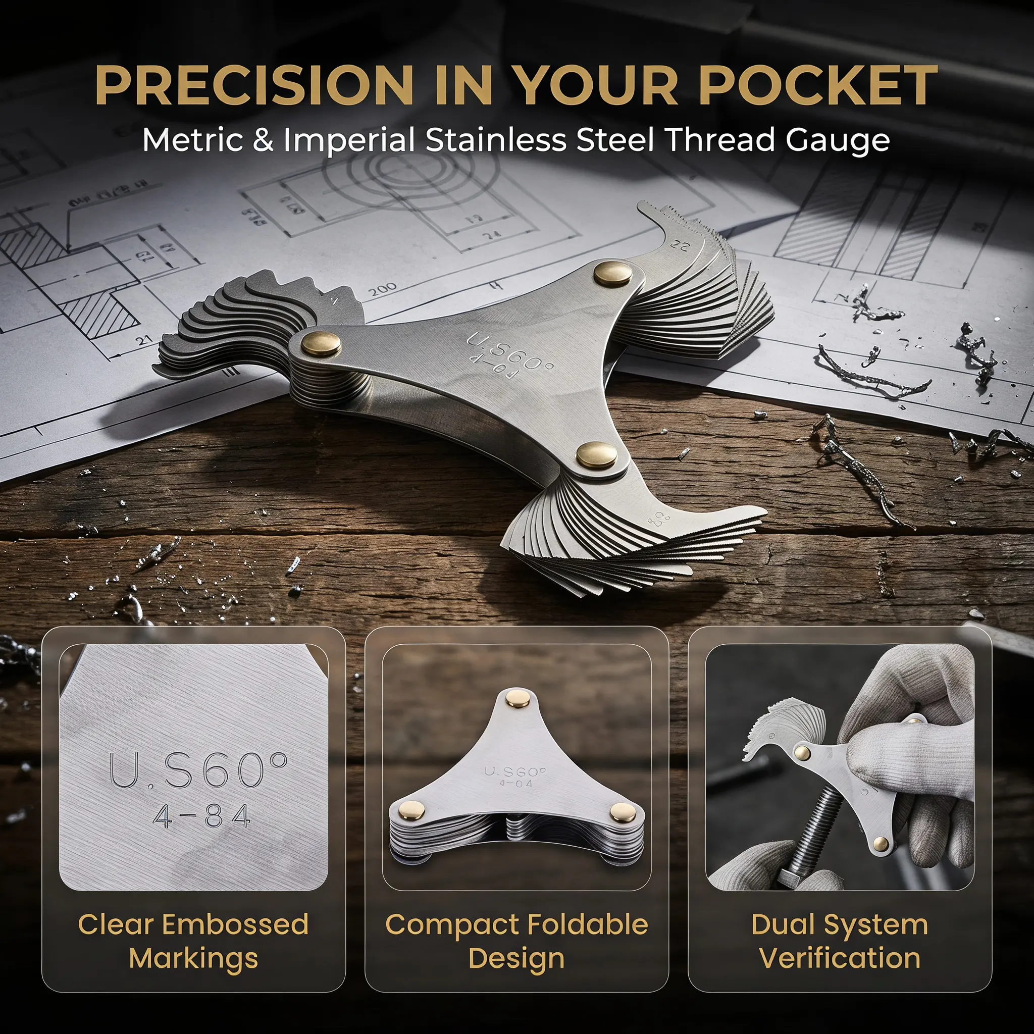 Professional Stainless Steel Thread Pitch Gauge with Clear Toothed Edges Digital Embossing for Internal External Thread