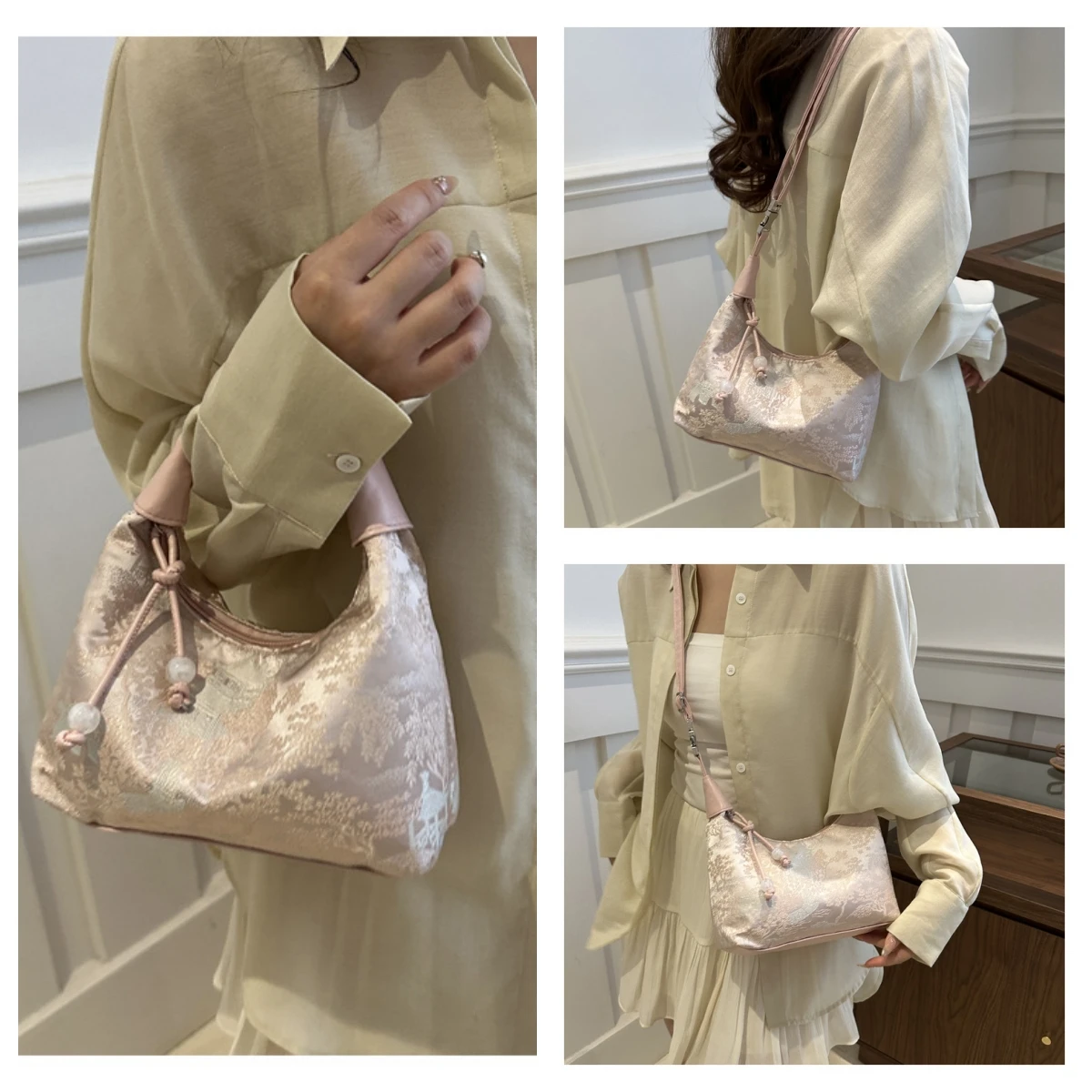 

Fashion Embroidery Handbags for Women Shoulder Bag Pearl Pendant Crossbody Bag Small Bucket Handbag Women Crossbody Bags