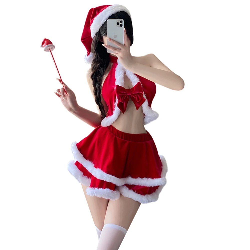 

Crop Top + Skirt Women's Christmas Lingerie Set Women's Santa Claus Cosplay Costume Christmas Plush Fur Trim Xmas Clothes Sets