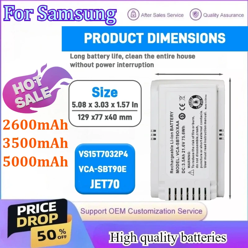 

21.6V 2600mAh/3500mAh/5000mAh Replacement Battery for Samsung Jet 70 VCA-SBT90E VS15T7032P4 Vacuum Cleaner Battery