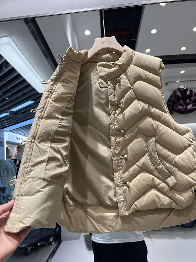 2025 winter new dish button rib design sense down jacket women's short style versatile stand collar white duck down vest