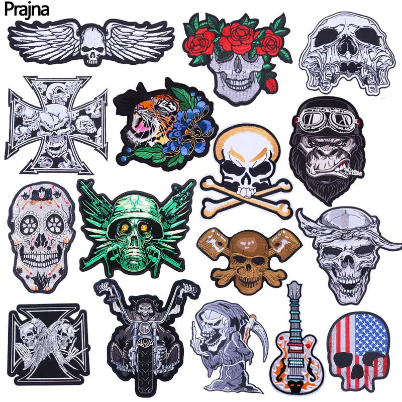 Punk Skull Large Embroiderdy Patch For Clothing Motorcycle Biker Patch Back Embroidered Patches On Clothes Jacket Sew Sticker