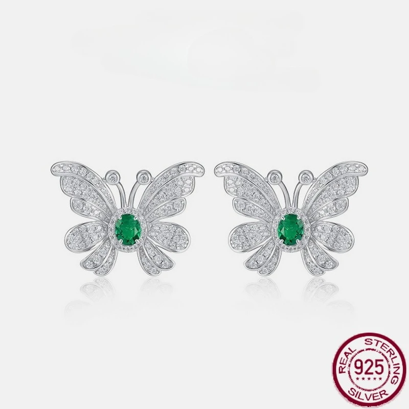 

New S925 sterling silver butterfly inlaid cultivation emerald retro earrings light luxury versatile wedding jewelry