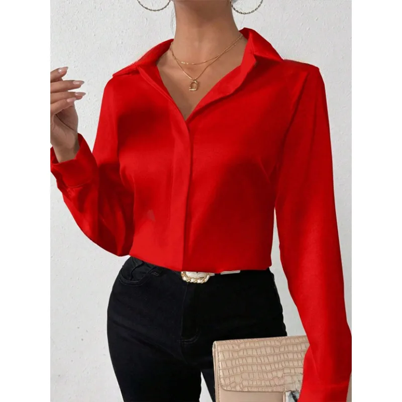 Women\'s Long Sleeve Silk-like Shirt European American Style Cross-border Clothing High-quality Fashionable Ladies Blouse