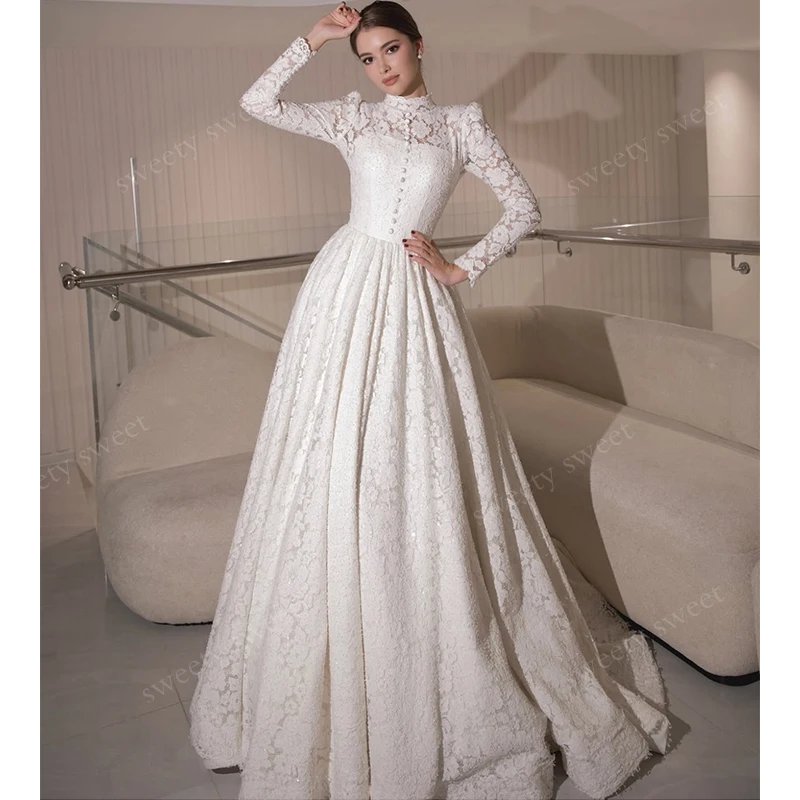 Robe de mariée Vintage à col haut, en Organza avec dentelle brodée, ligne a, longueur au sol, robe de bal, manches longues, personnalisée