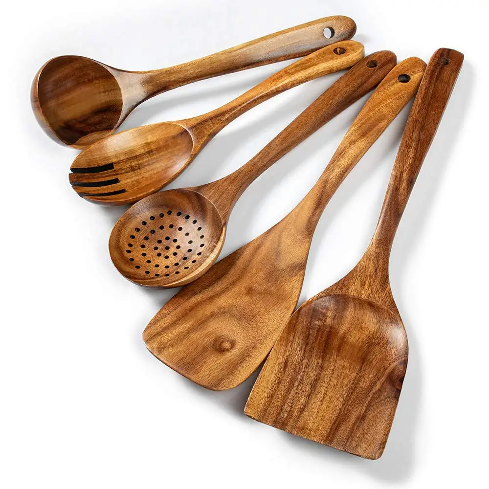 5 Stück mit Griff aus Teakholz, Holzlöffel, Schaufel, Spachtel, Zubehör, Skimming, Holz, Suppe, Küchenwerkzeug, Löffel, Kochen
