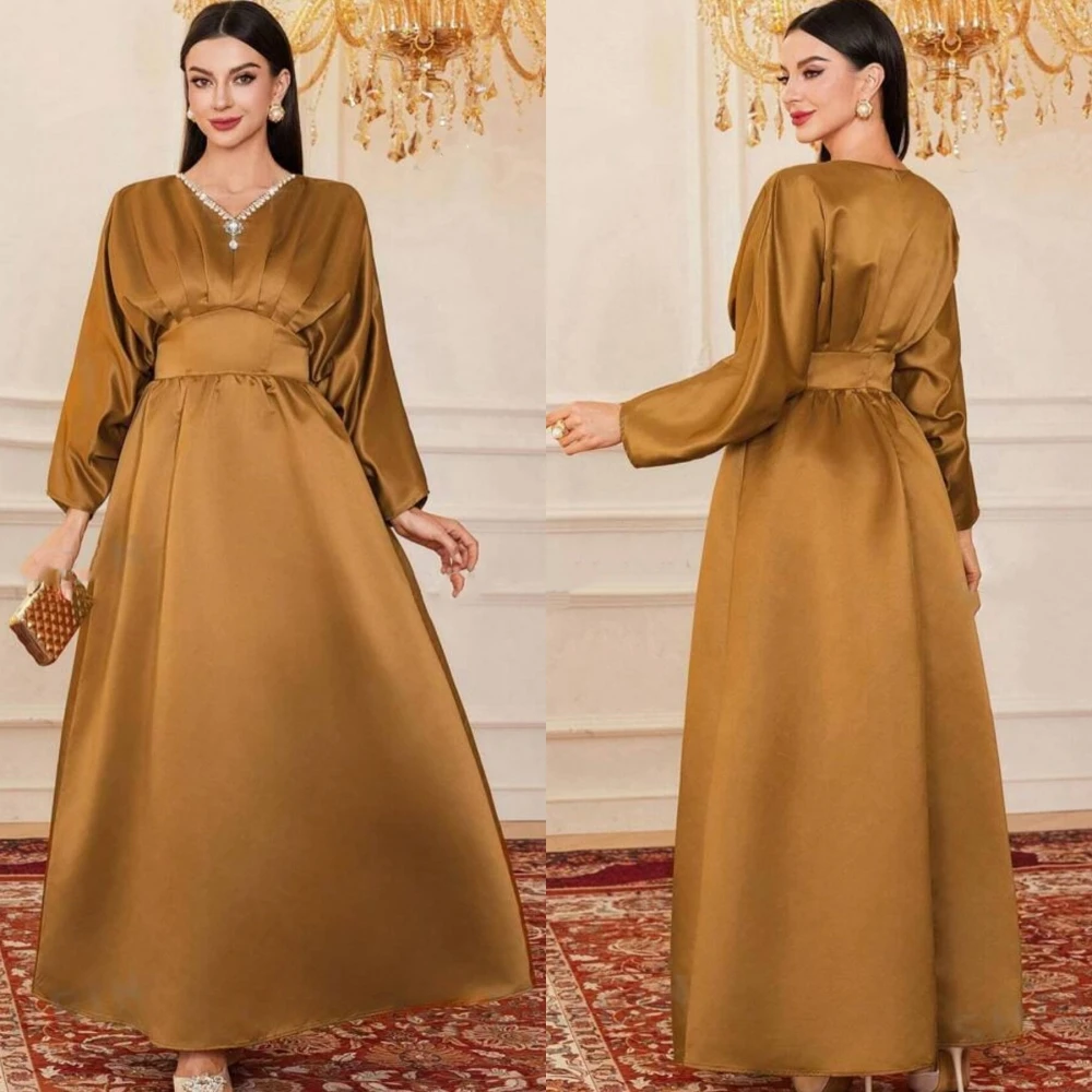 

Customized Sparkle Satin Pleat Sequined A-line V-neck Midi Dresses Evening Dresses Matching Fashion Elegant Exquisite