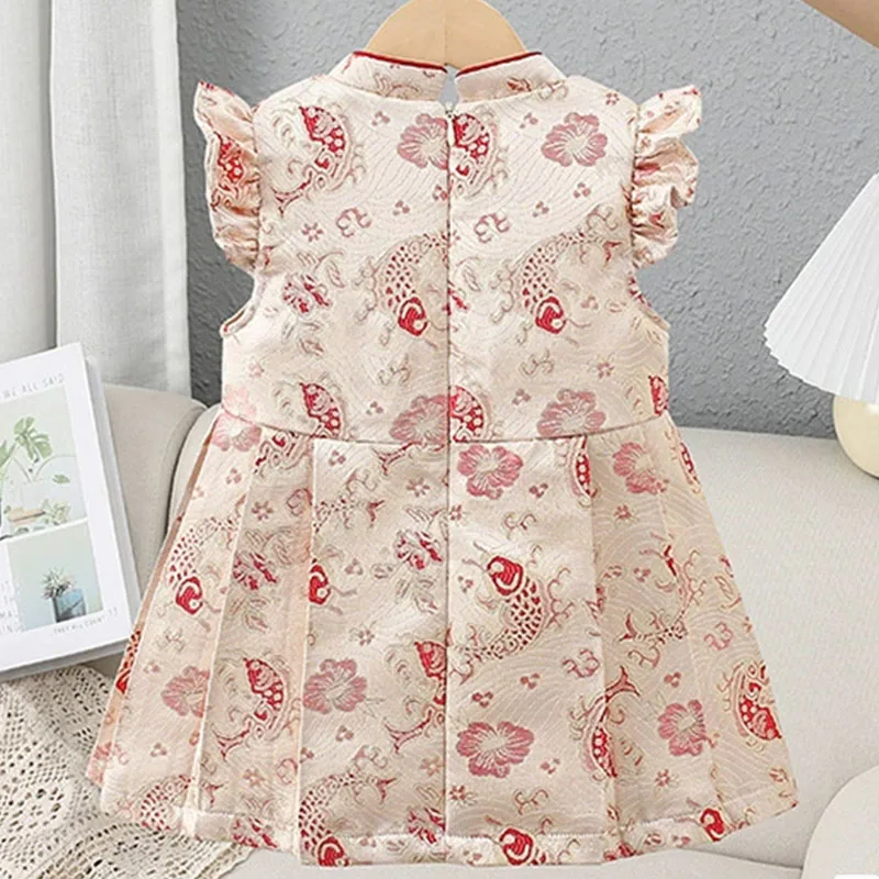 2PCS Sets Summer Girls Dresses Chinese New Year Cute Fish Embroidery Sleeveless Luxury Princess Baby Dress+Bag Kids Clothes B235