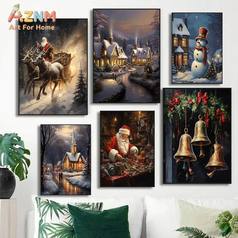 Winter Christmas Presents Gingerbread House Elk Snowman Santa Claus Poster Canvas Paintings Wall Art Pictures Home Decor