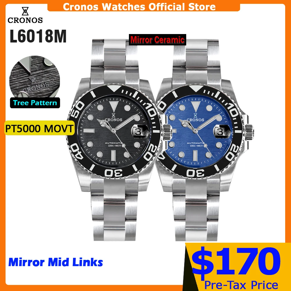 Cronos Sub Diver Men Watch Stainless Steel PT5000 Brushed Bracelet Ceramic Bezel 200 Meters Water Resistant L6018