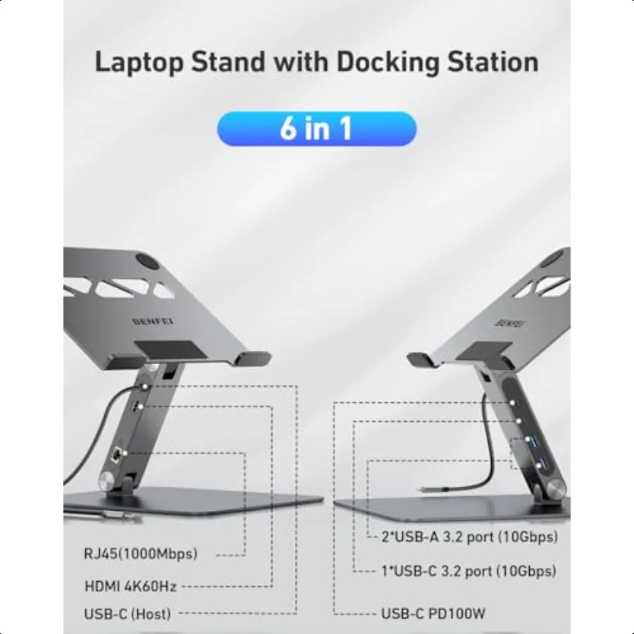 Laptop Stand with USB C 6in1 Docking Station HDMI 4K@60Hz Gigabit Ethernet 100W Power Delivery 10Gbps 1USB C 3.2 and 2USB A 3.2