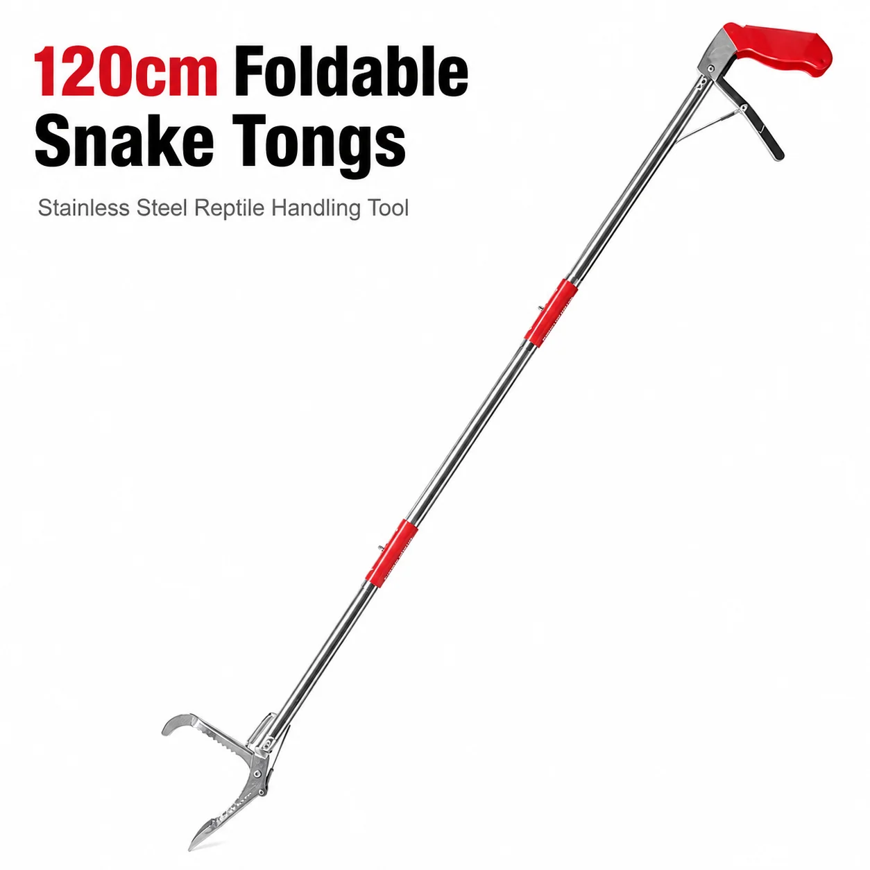 Professional 120cm 3-Section Foldable Stainless Steel Snake Tongs Long Reach Reptile Catcher Tool 44cm Portable Storage