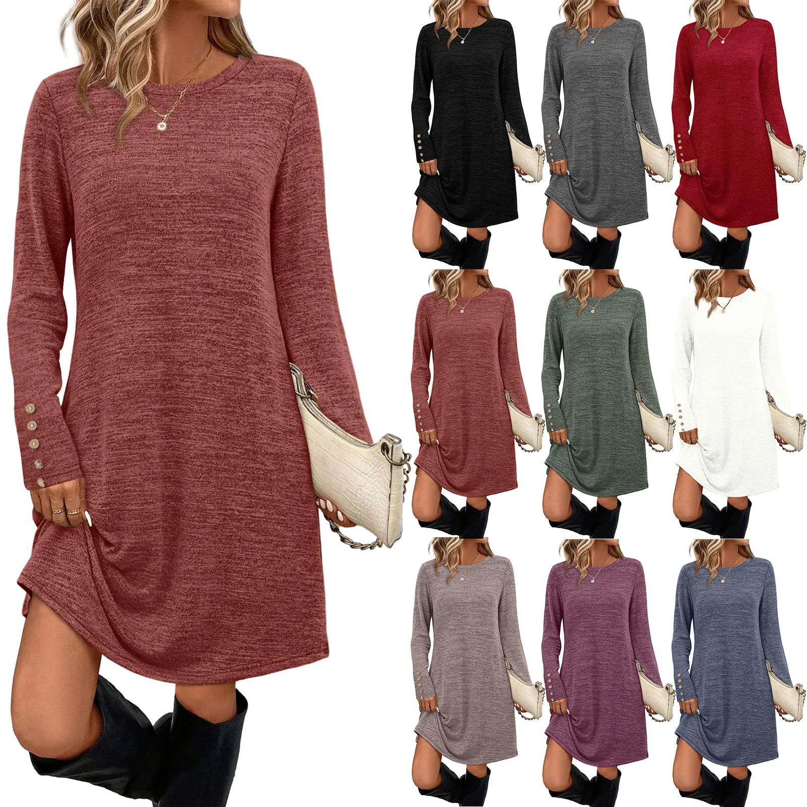 فستان نسائي بقلنسوة بأكمام طويلة ورقبة دائرية وجيب مطوي وجيب مريح كاجوال متوسط الطول وتنورة على شكل حرف A فساتين سهرة