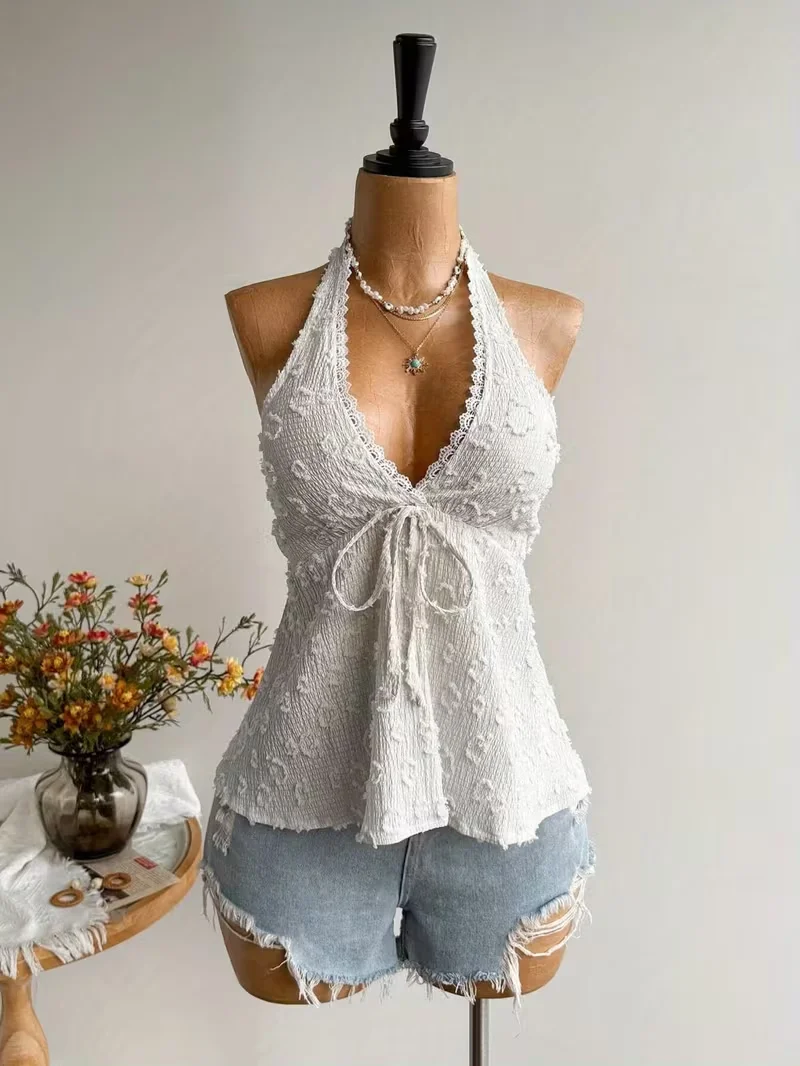 Ladies' Summer V-neck Lace Neck Strap Off Shoulder Leisure Vacation Easter Beach Wear Music Festival Top image 6