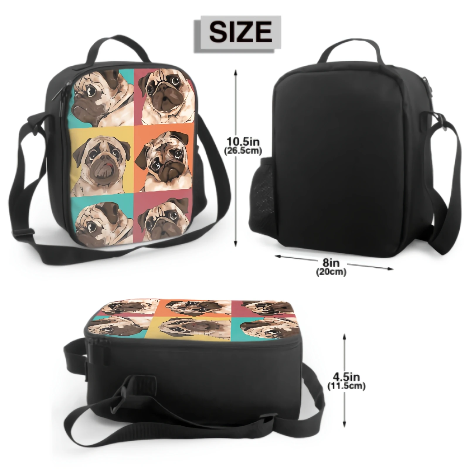 Pug Dog Selfie Lunch Box Insulated Meal Bag Cute Puppy Dog Pattern Lunch Bag Food Container for Boys Girls School Travel Picnic