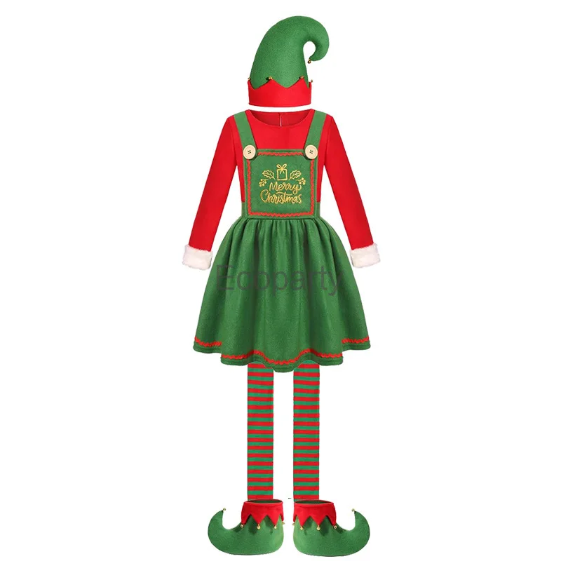 Traje de Cosplay de Natal Papai Noel, vestido de elfo verde, chapéu e meias, roupas de festa de ano novo, crianças e mulheres adultas, meninos e meninas, 2024