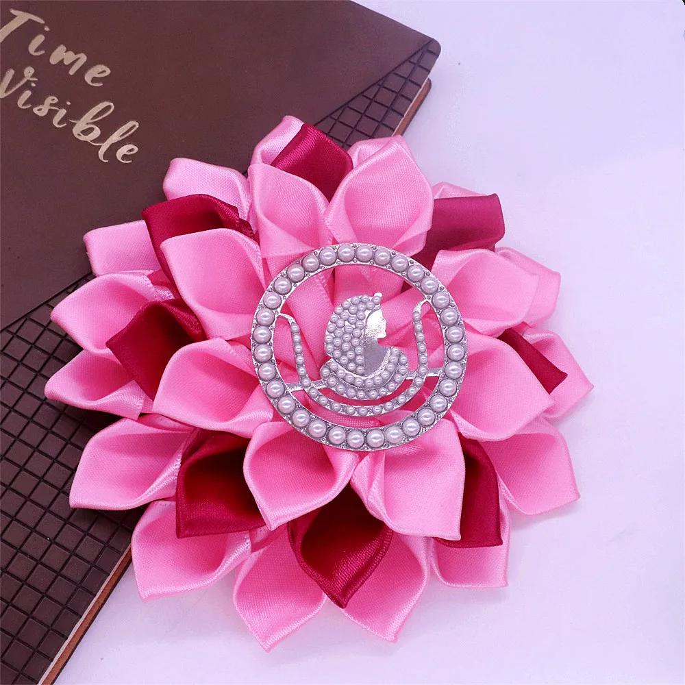 New Fashion Silk Layer Ribbon Flower Pearl Greek Social Daughter Of ISIS Label DOI Brooch PIn Jewelry