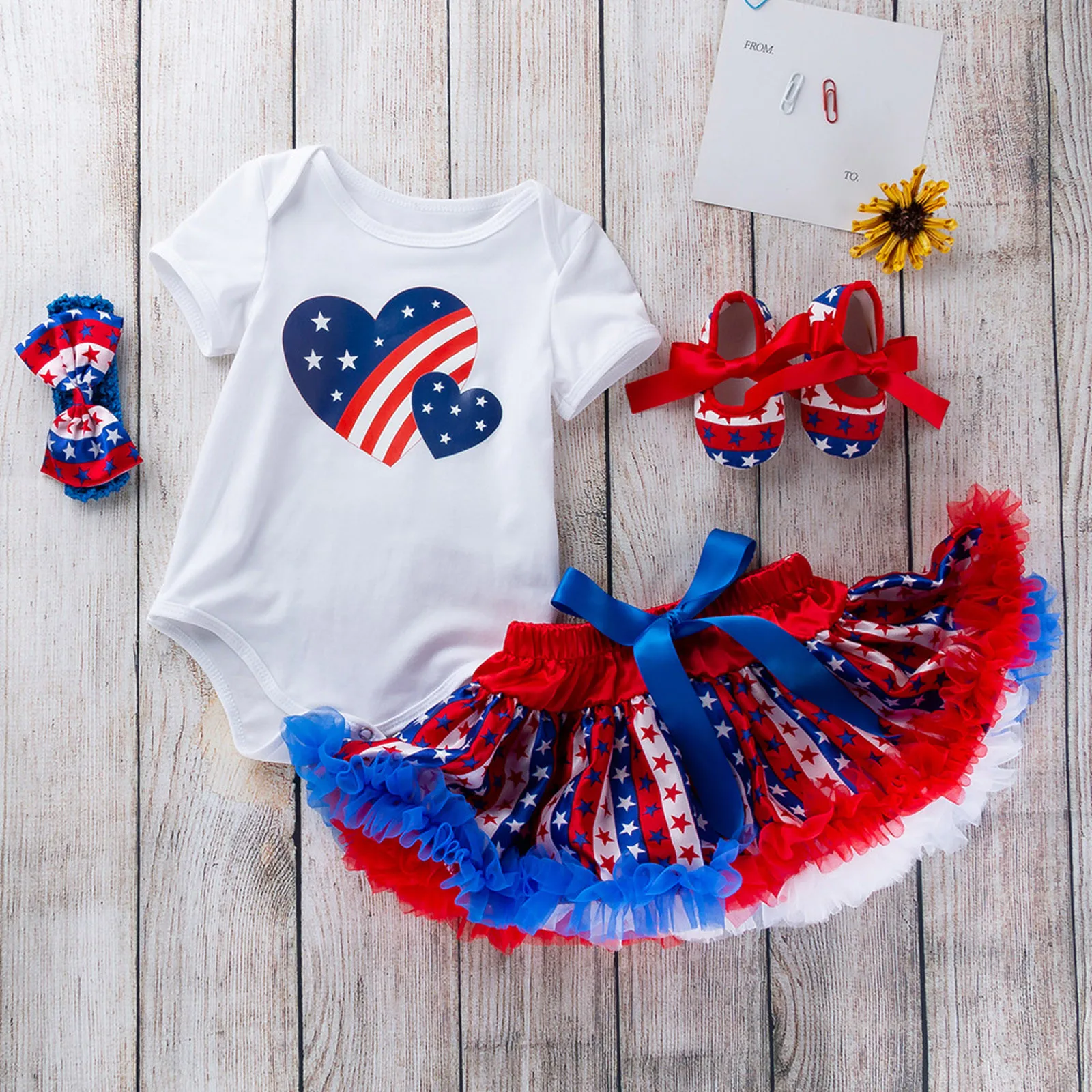4pcs 4th July Baby Girl Outfits Patriotic Romper Tutu Skirt Headband Shoes Sets Independence Day Star Heart Holiday Photo Party
