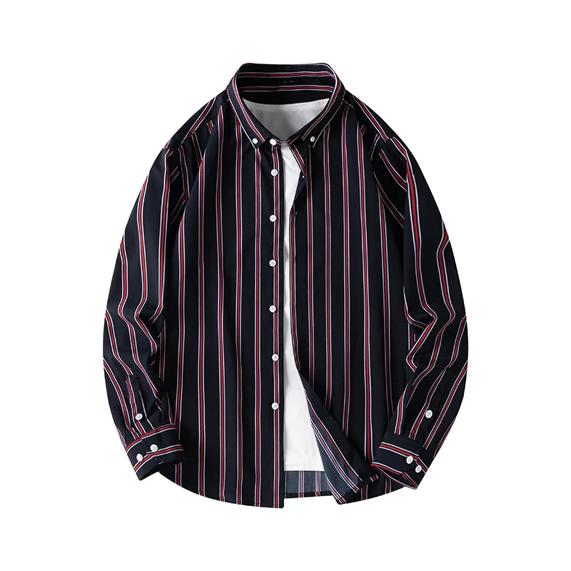 Spring Autumn Men's Striped Turn-down Collar Long Sleeve Button Cardigan Shirt Coats Casual Loose Office Lady Vintage Tops