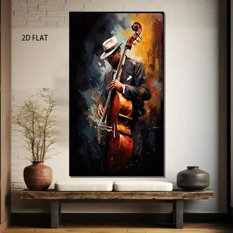 

2D плоская [Акстрактная музыкальная живопись] Яркое абстрактное холст (большой безрамный, джазовый музыкант с тематикой виолончели