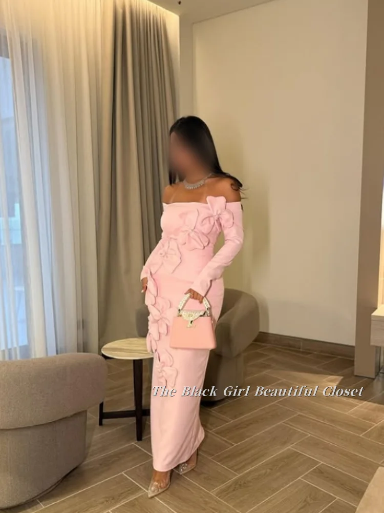 Customized Light Pink Appliqued Prom Dress Snap Shoulder Long Sleeve Bodycon Appliqued Large Flower Embellished Ankle Arab