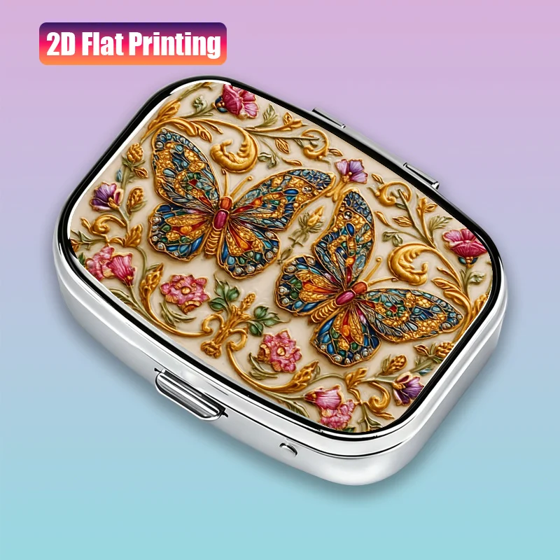 One piece, flat print, two butterflies perched on flowers, patterned accents between the flower centers, mini compartmented portable pill box, earring storage box, exquisite and portable, suitable for travel and business, can store pills, tablets, capsules