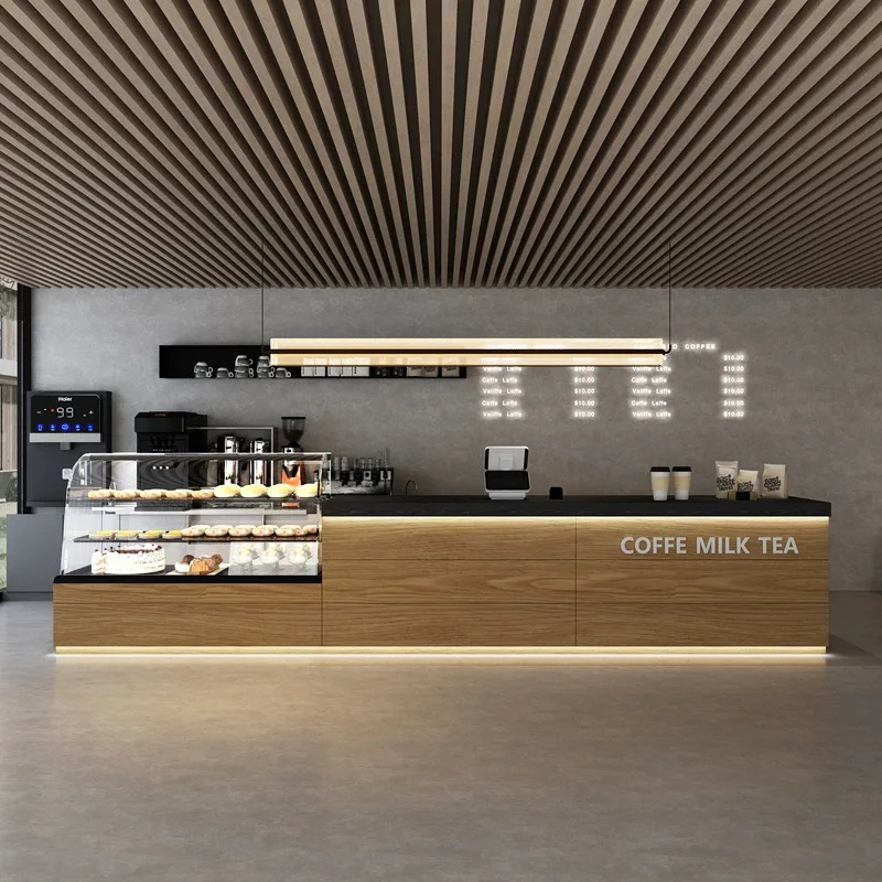 Coffee, milk tea shop, cash register, bakery, bar, cake, dessert shop, front desk, hotel reception, counter table