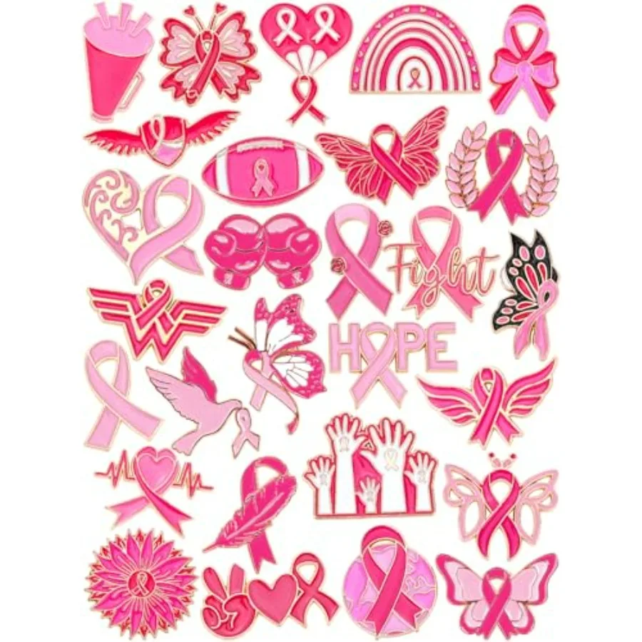 28 قطعة دبابيس المينا للتوعية بسرطان الثدي مع الشريط الوردي وتصميم الفراشة للناجين والنصحين دبابيس التلبيب المثالية fo