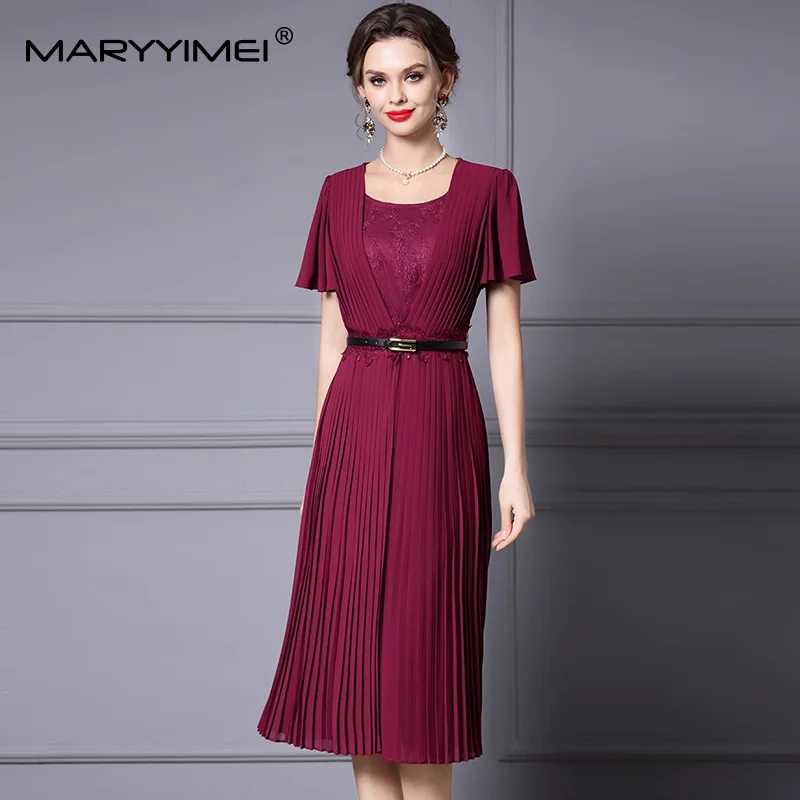 

MARYYIMEI модное летнее новое женское платье с короткими рукавами и кружевными поясами, тонкие однотонные плиссированные платья для торжественных случаев
