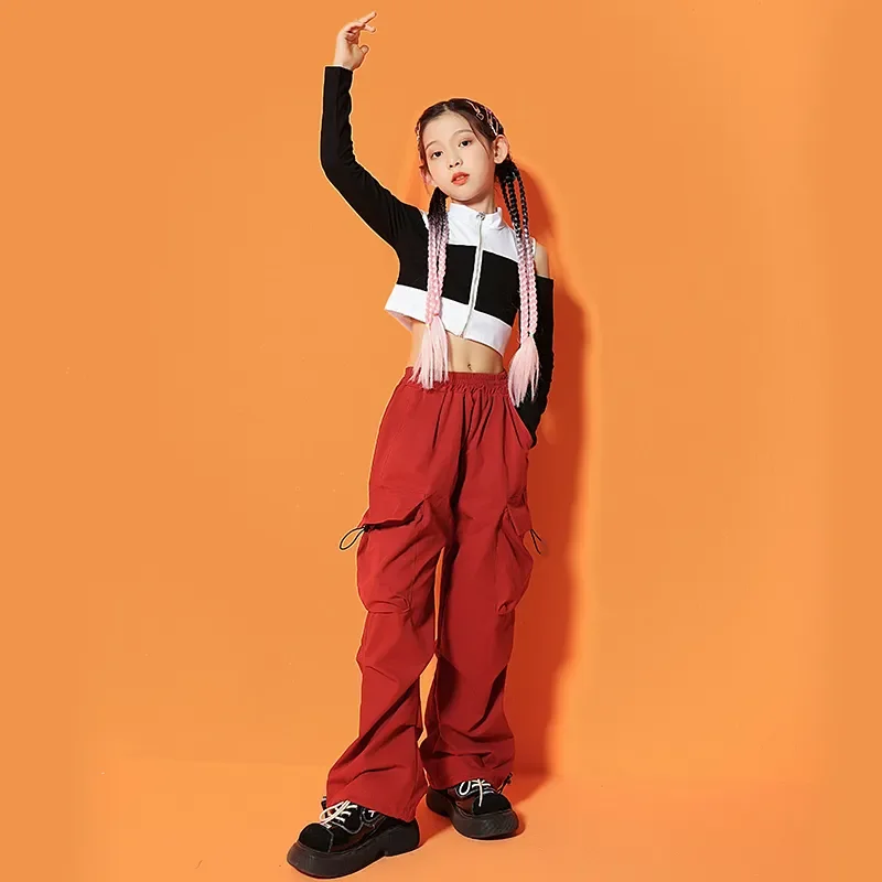 Cargo Pants For Girls Jazz Dance Costume Rave Clothes Kids Showing Street Hip Hop Clothing Crop Top Long Sleeve T Shirt Casual