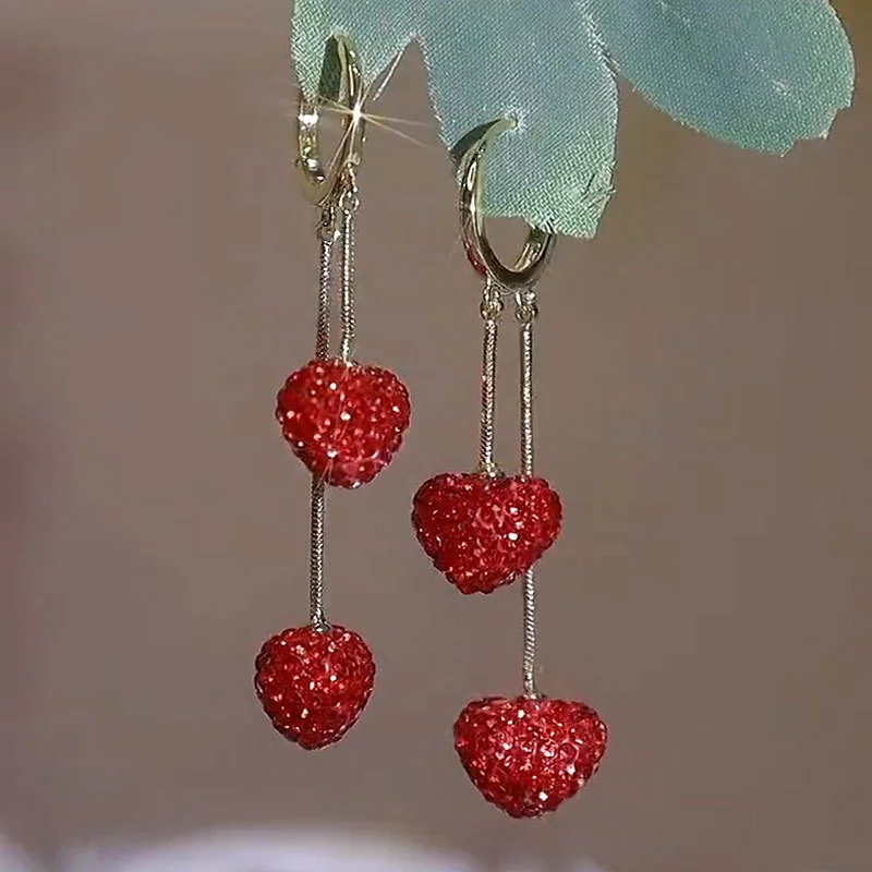 Delicate Red Heart Sweet Cute Personality Rhinestone Earrings Women\'s Daily Party Gift Fashion Jewelry