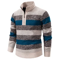 2025 Autumn Winter Knitting Pullovers Men Patchwork Striped Fashion Stand Collar Pull On Knitted Sweater Man Thick Warm Knitwear