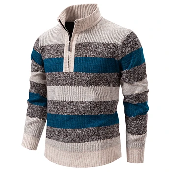 2025 Autumn Winter Knitting Pullovers Men Patchwork Striped Fashion Stand Collar Pull On Knitted Sweater Man Thick Warm Knitwear