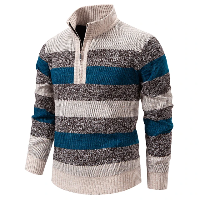 2025 Autumn Winter Knitting Pullovers Men Patchwork Striped Fashion Stand Collar Pull On Knitted Sweater Man Thick Warm Knitwear