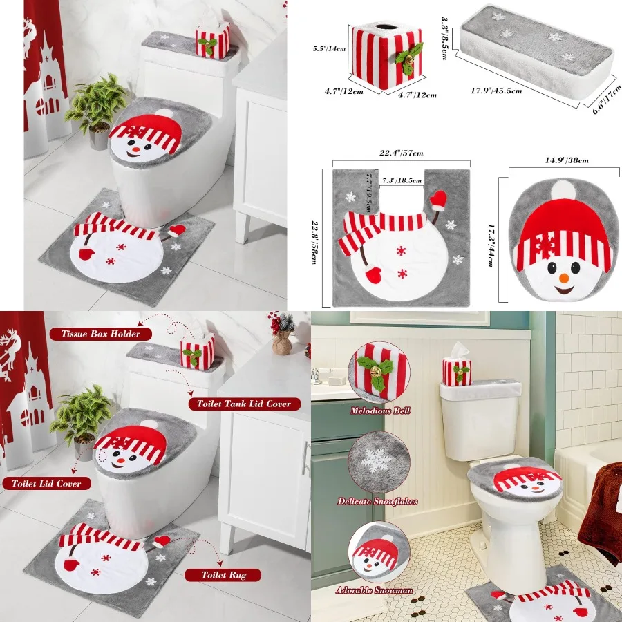 

Luxspire Christmas Toilet Seat Cover and Rug Set of 4 for Holiday Bathroom Decoration Featuring Snowman Toilet Lid Cover Toilet