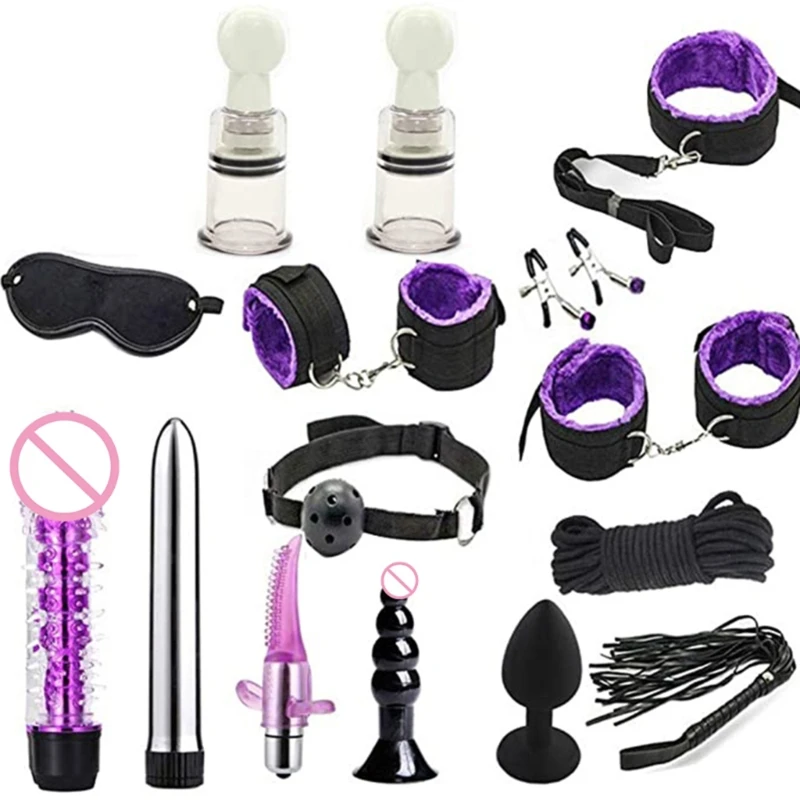 

1Set BDSM Restraint Fetish Collar Handcuff Bondage Whip Vibrator Nipple Clips Butt Plug Mouth Gag Kit Adult Sex Drop Shipping