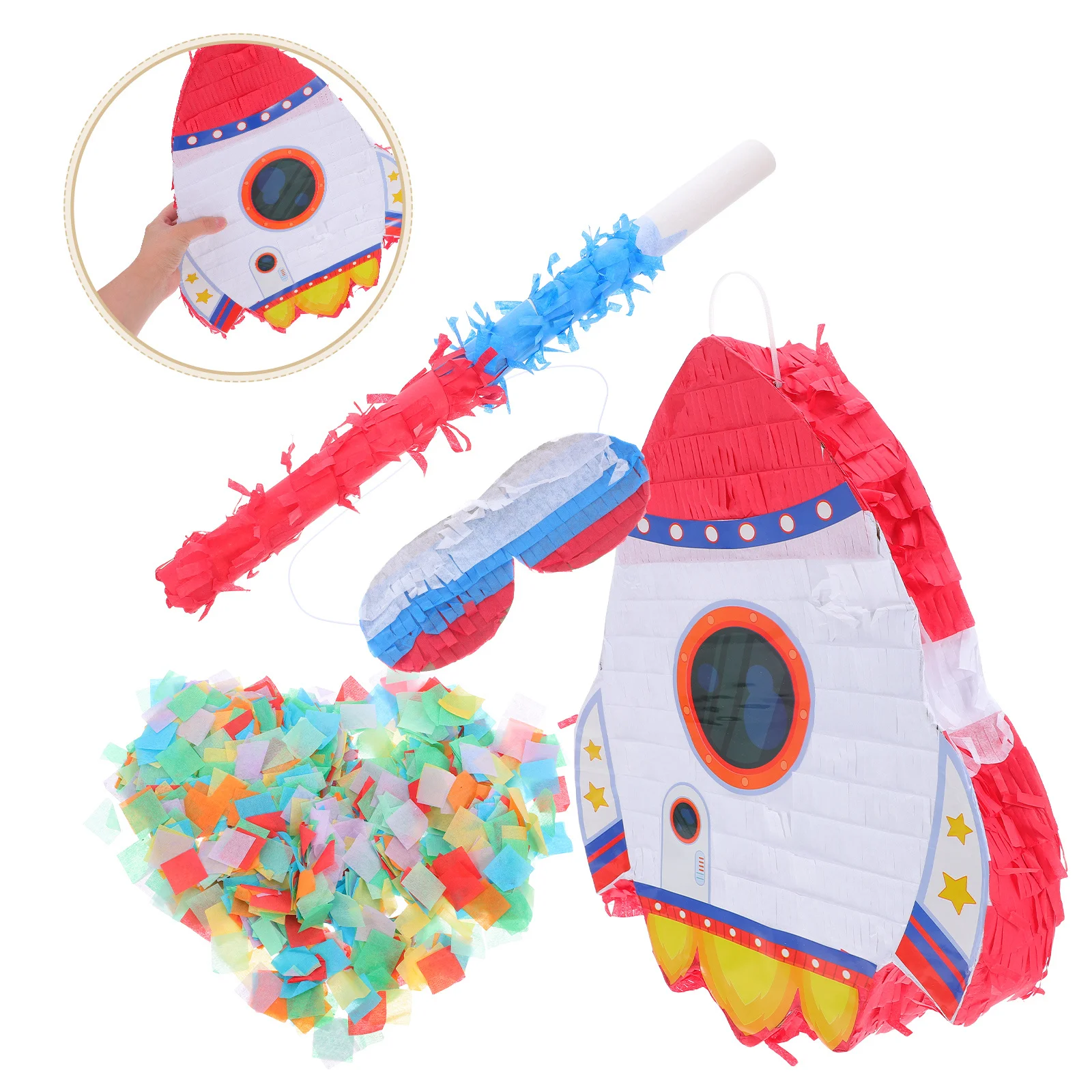 

Rocket Pinata Birthday Party Hanging Decoration Durable Includes Blindfold Stick Stick Fillable Confetti Space Theme Party
