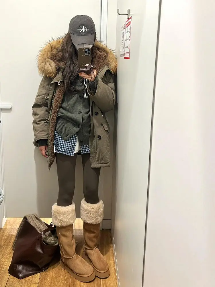 

American Large Fur Collar Hooded Work Jacket Women 2025 Winter New Loose Slim Design Niche Parka Top