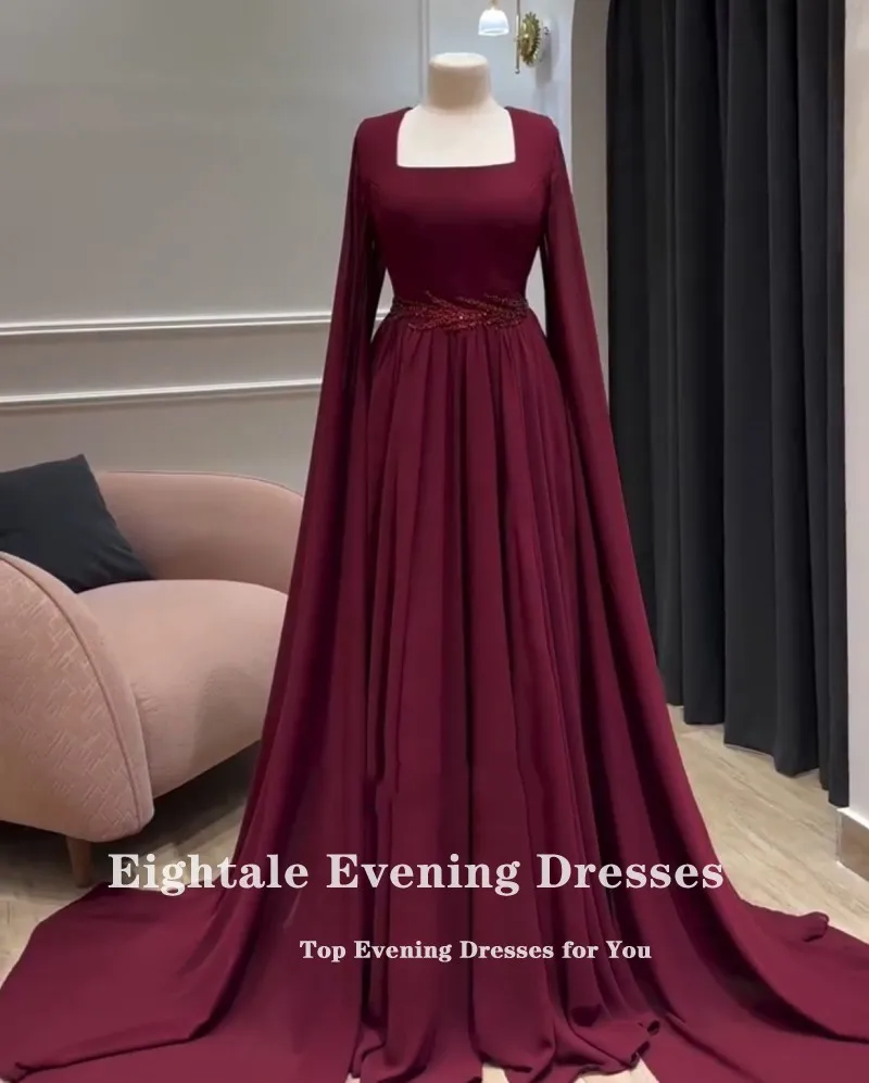 Eightale Arabische Abendkleider für Hochzeit, Party, Chiffon, Perlen, A-Linie, individuelle Flügelärmel, Burgunderrot, muslimische Abschlussball-Party-Kleider