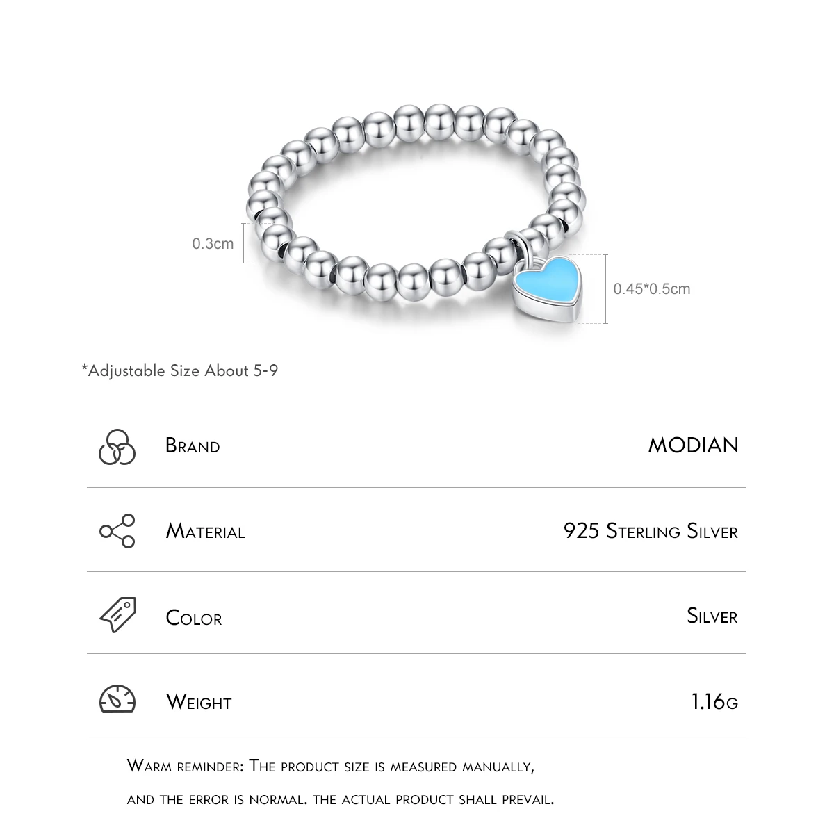 MODIAN 925 Sterling Silver Blue Enamel Heart Love Minimalism Adjustable Beads Rings Trendy Exquisite Fine Jewelry For Women Gift