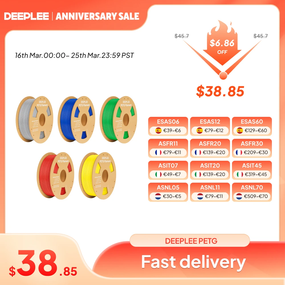 Filament d'imprimante 3D DEEPLEE PETG 5/10KG 1,75 mm, compatible avec les imprimantes 3D FDM pour Neptune 4 plus, noir, blanc, CZ/DE