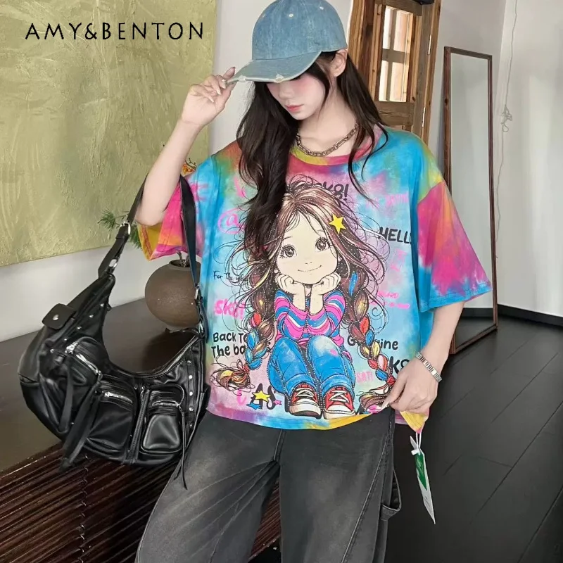 

2026 Summer Heavy Shiny Rhinestone Cartoon Girl Printed Tees Loose Mid Length Crew Neck Short Sleeves Casual T Shirt For Women