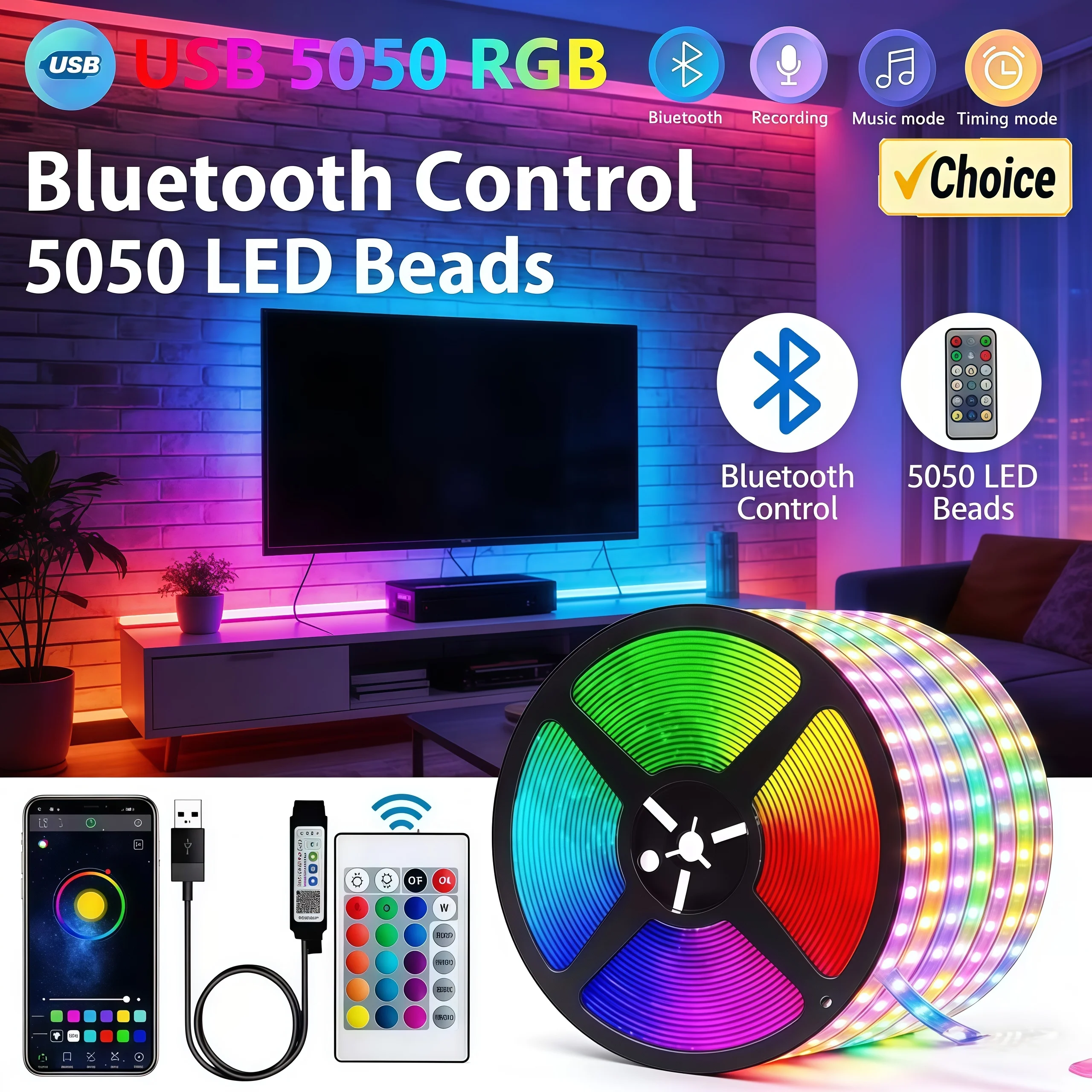 USB 5V Led Strip Light 5050 Rgb Led Tape Bluetooth Wifi App Remote Control Led Room Light 1-30M Backlight Ribbon Lighting Lamp