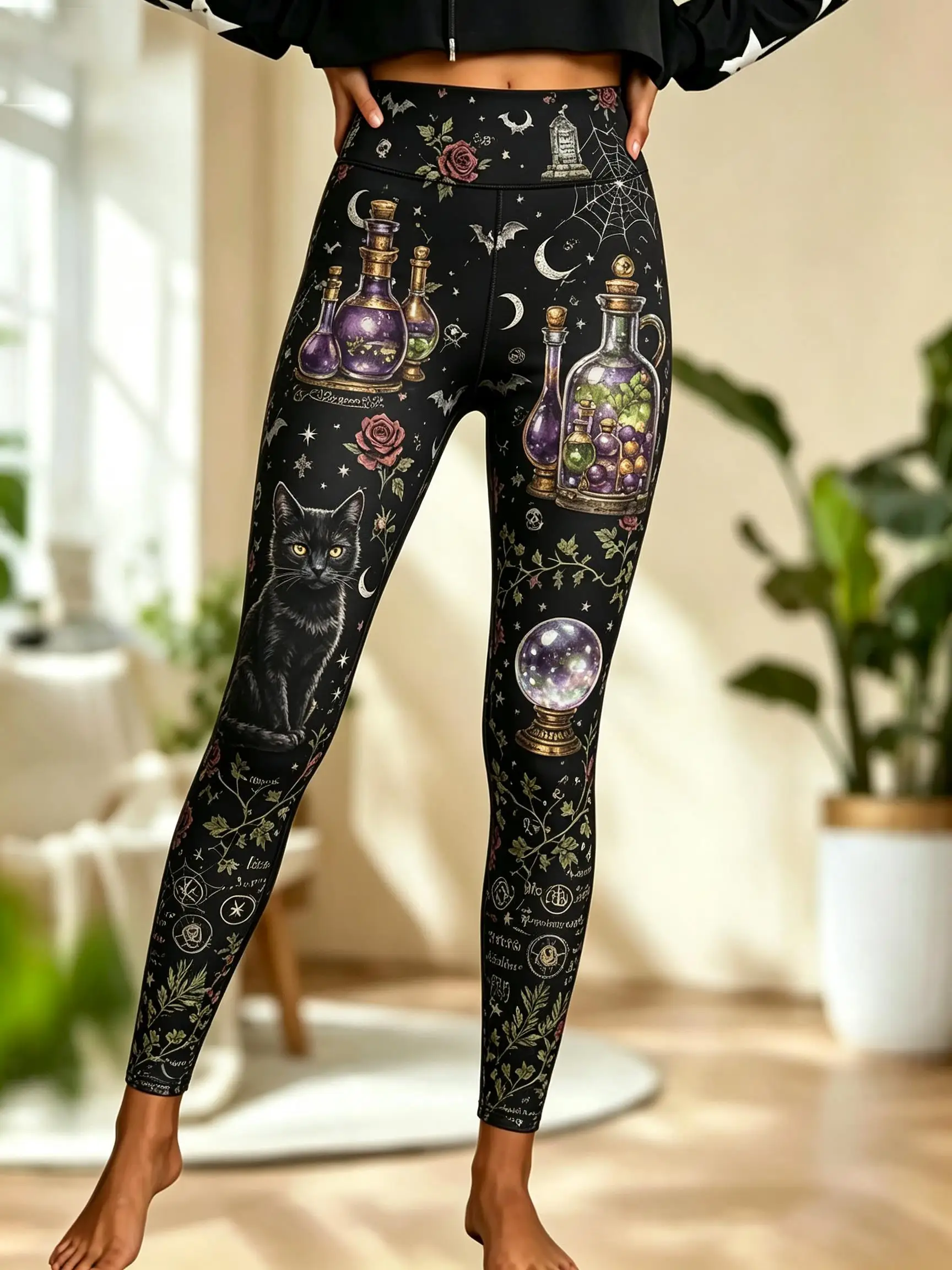 Women's Fleece Skinny Pants Black Halloween Pumpkin Print Mid Waist Leggings - view 5