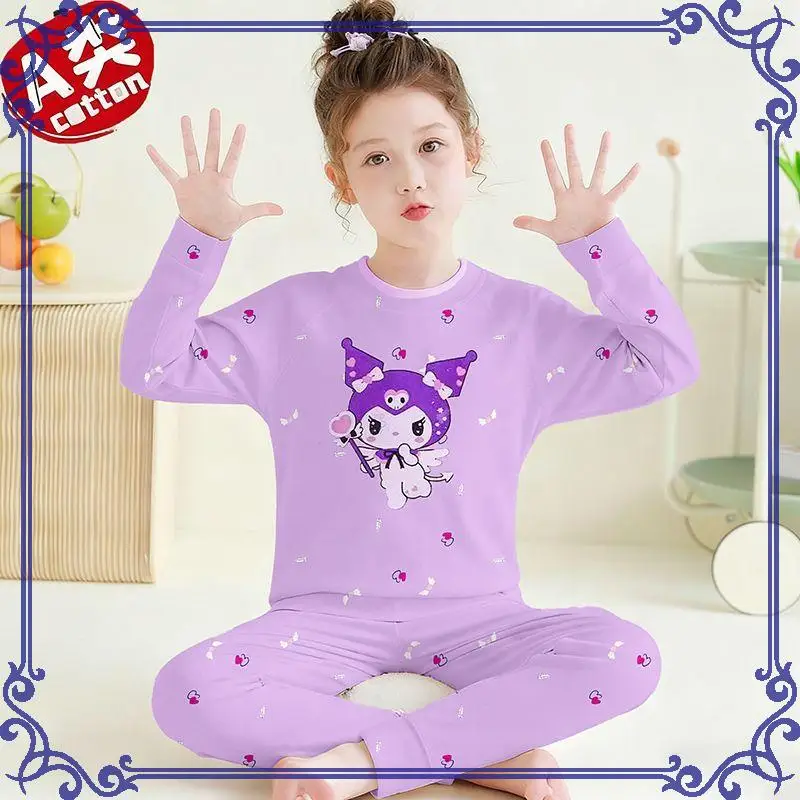 

Sanrio Girl Loungewear Set Kuromi Anime Kawaii Loose Casual Neckline Autumn and Winter Cotton Children Clothing Christmas Gift