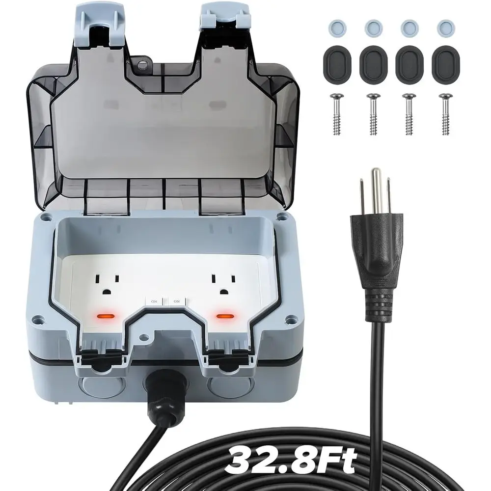 

Outdoor Power Outlet Box with 32.8t Extension Cord, Switches & LED Indicator Electrical Outlets Extender, 14 AWG 15 AMP 5-15R, W