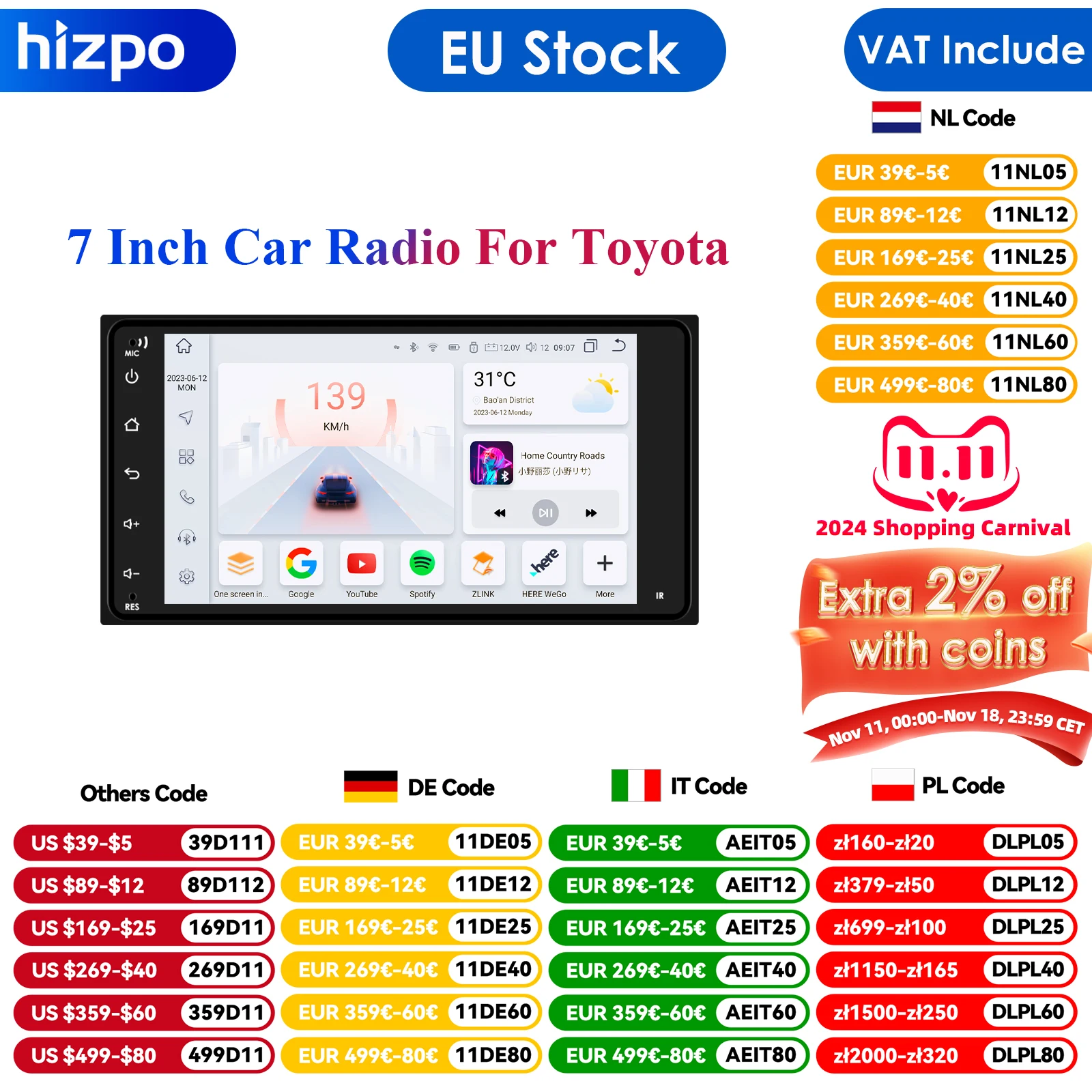 8+128G 7inch AI Voice 2Din Android Car Stereo GPS FM Radio Fit Toyota 4Runner Camry Corolla Tuntra RAV4 Multimedia Navigation BT